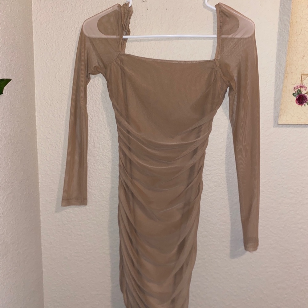Sheer Long Sleeve Ruched Dress